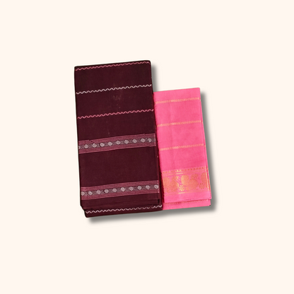 Maroon Sungudi Cotton Saree with Pink Peacock Border Blouse