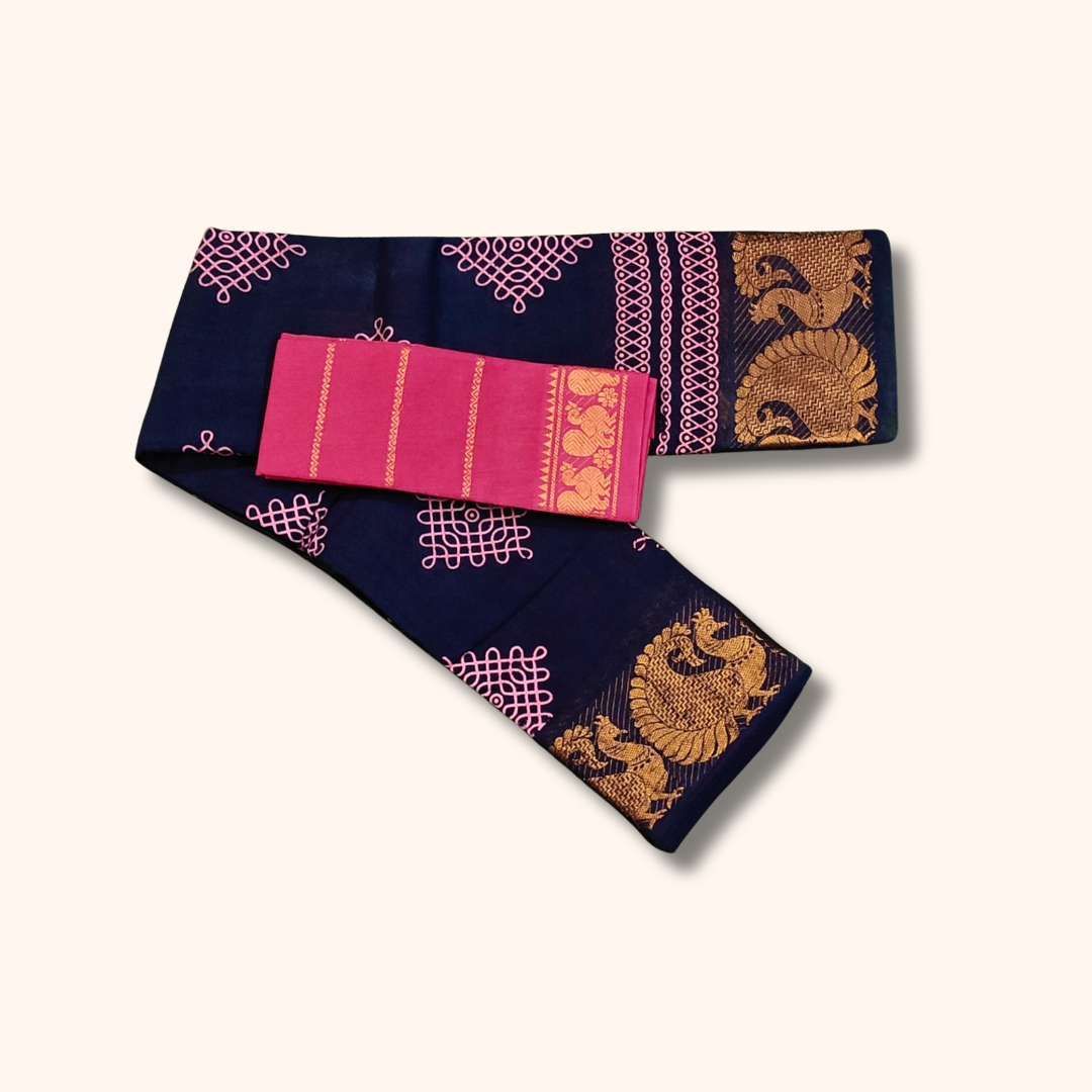 Navy Blue Sungudi Cotton Saree with Pink Kolam Print & Peacock Border