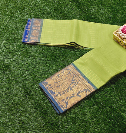 Parrot Green Checked Chettinad Cotton Saree with Peacock Zari Border