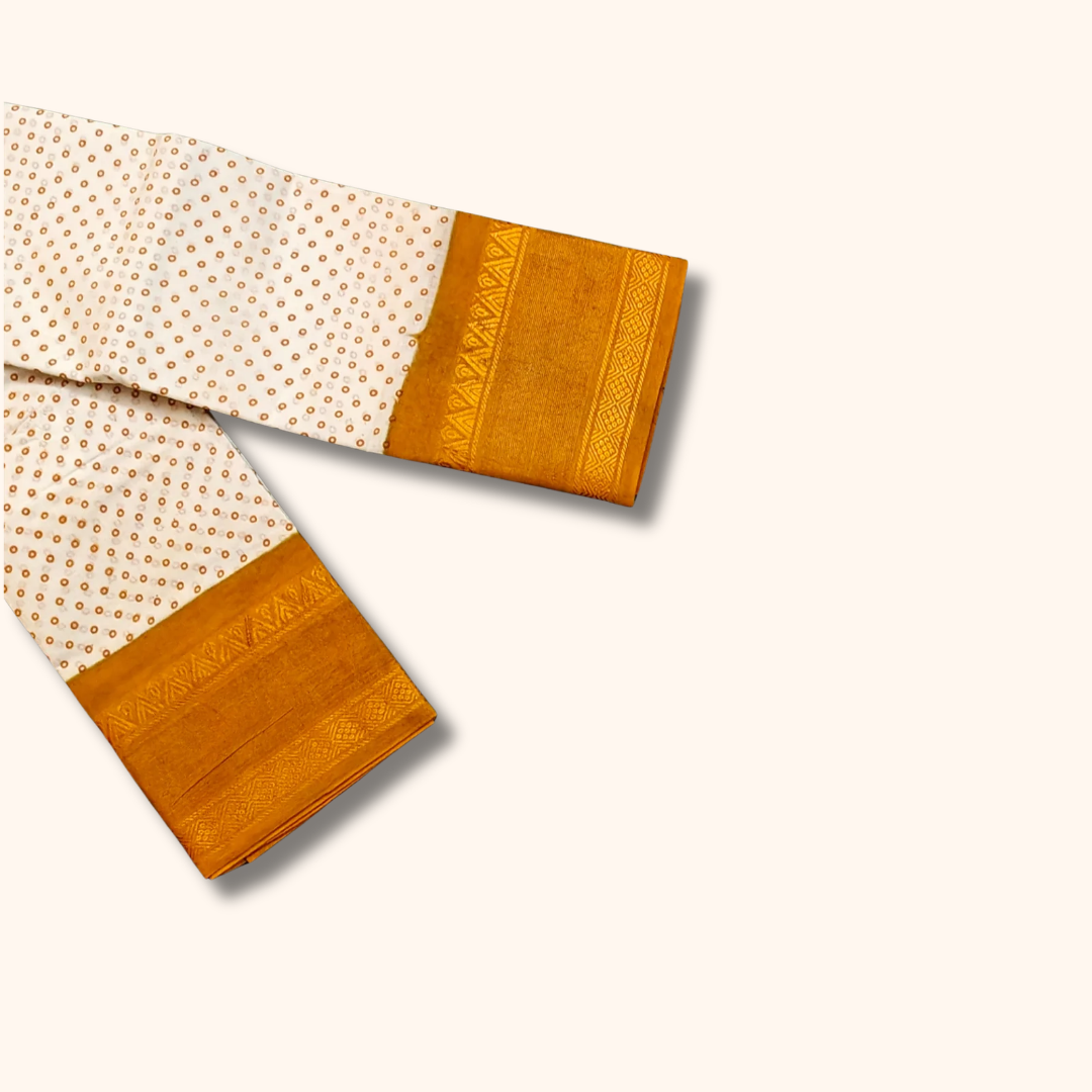 Off-White & Mustard Pure Sungudi Cotton Saree Traditional Dot Design