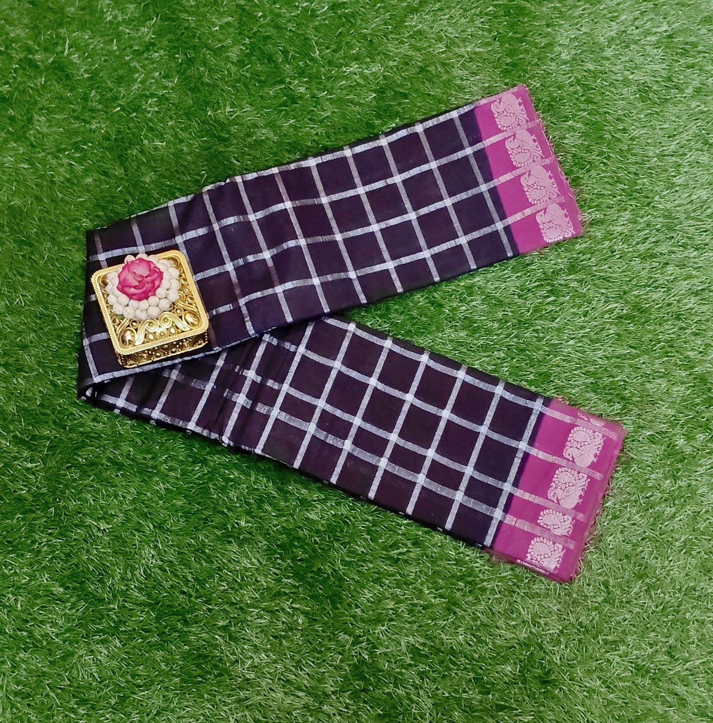 Dark Blue Pavithra Kattam Cotton Saree with Silver Checks & Magenta Border