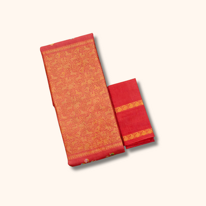 Orange Batik Floral Sungudi Cotton Saree with Elephant Zari Border & Separate Blouse Piece