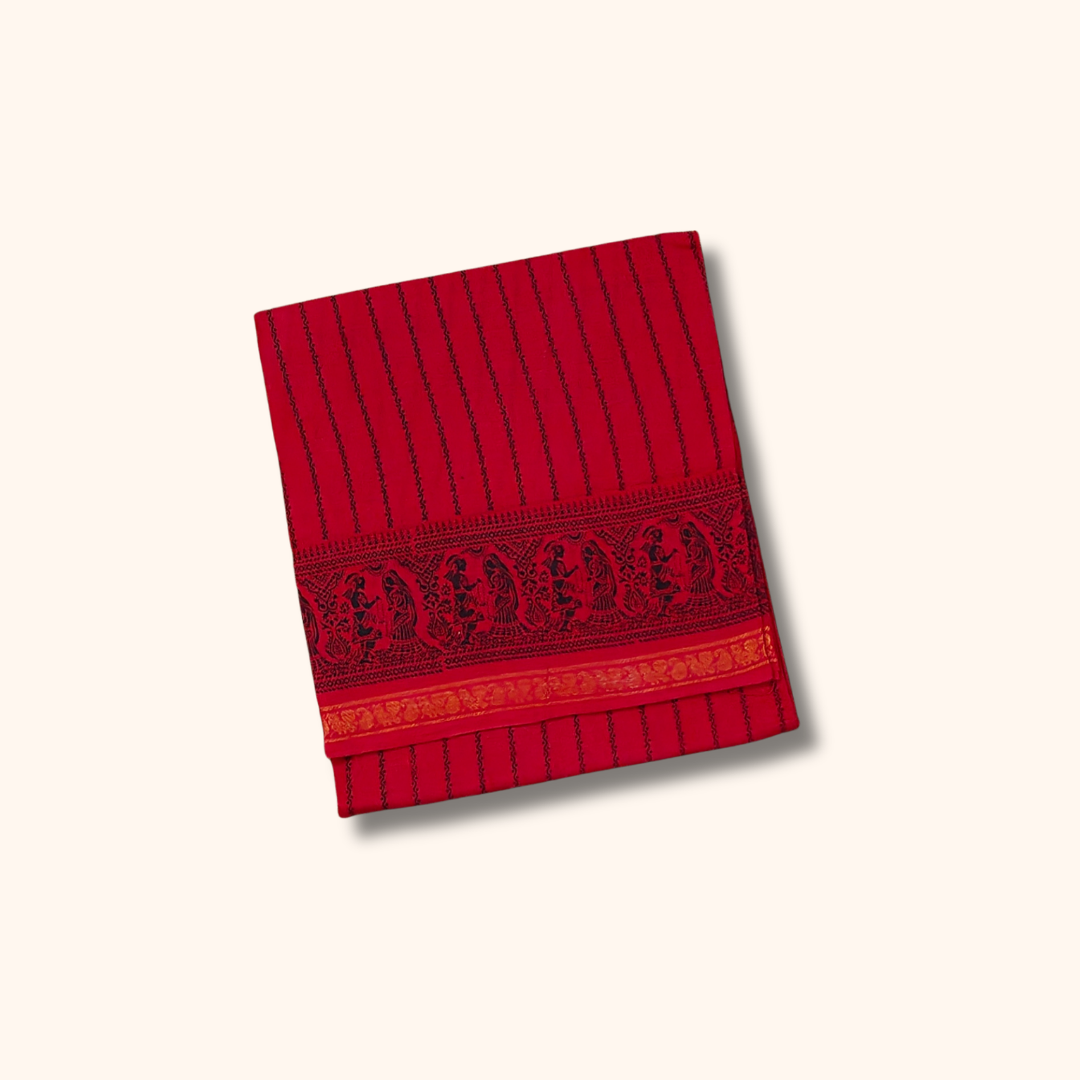 Red Sungudi Cotton Saree with Raja Rani Border & Lines Design
