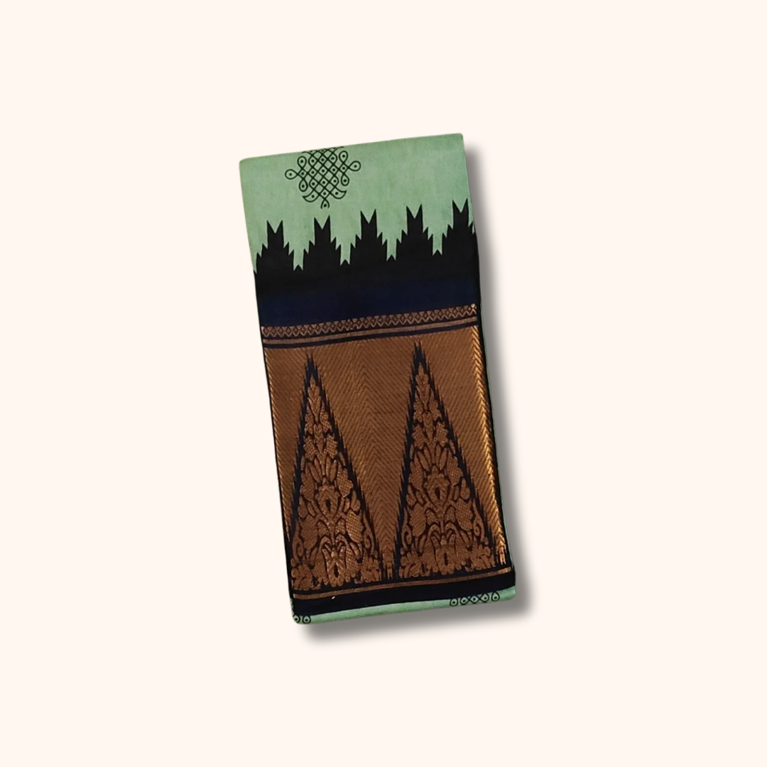 Mint Green Kolam Sungudi Cotton Saree with Black Floral Temple Border