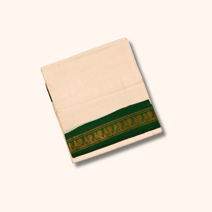 Cream Cotton Saree with Green Zari Border & Traditional Paisley Motifs – Without Blouse