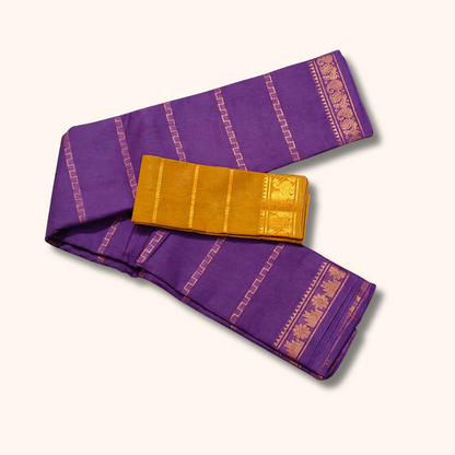 Royal Purple Sungudi Cotton Saree with Gold Woven Stripes & Contrast Mustard Blouse Piece