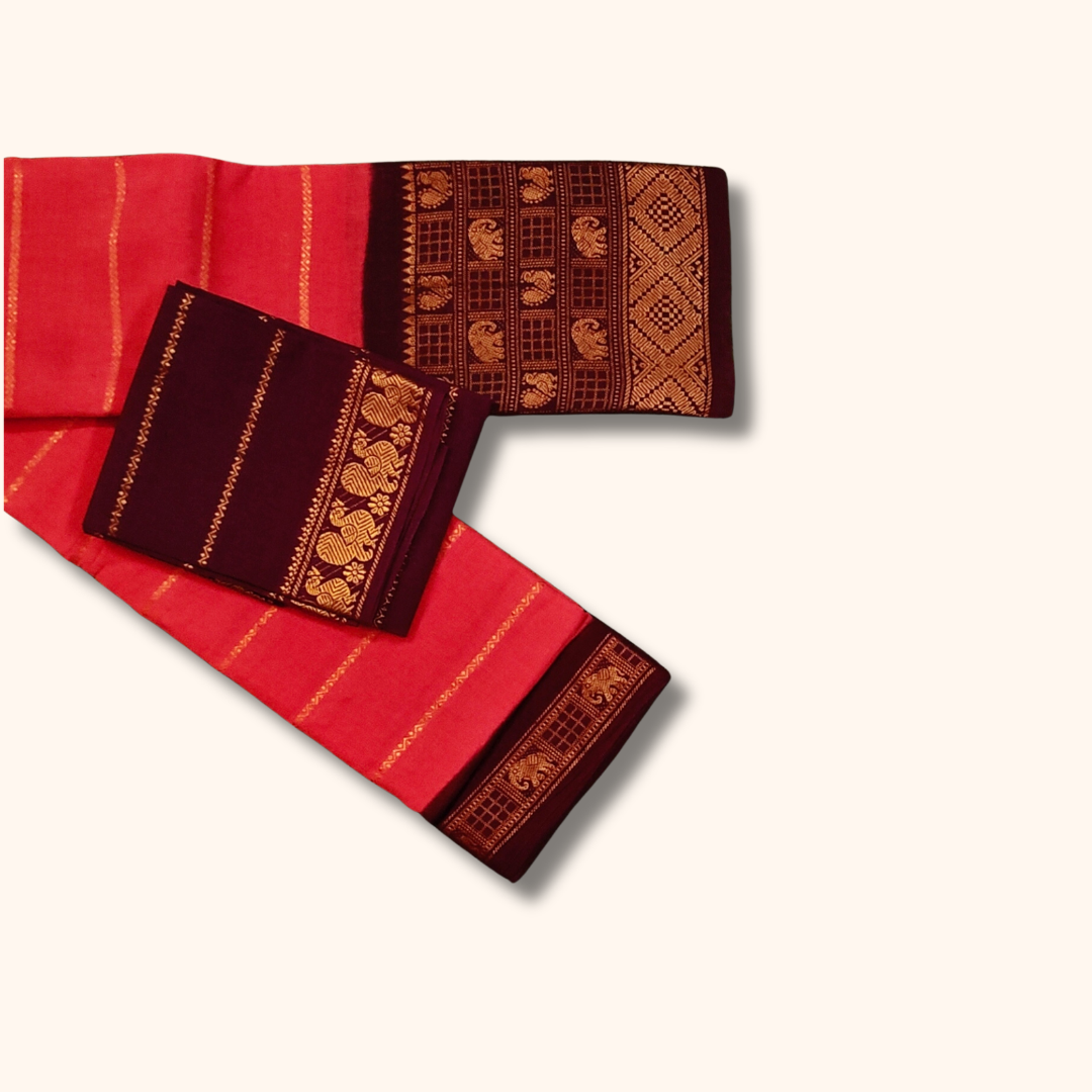 Coral Pink Sungudi Cotton Saree with Maroon Contrast Blouse