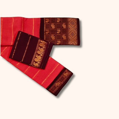 Coral Pink Sungudi Cotton Saree with Maroon Contrast Blouse
