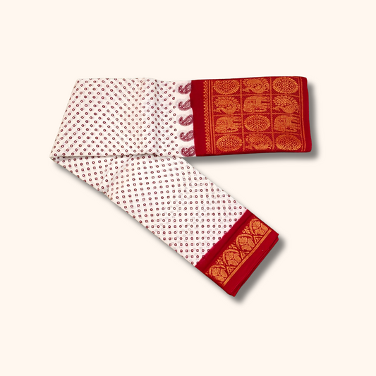 Off White Dot Print Cotton Saree with Red Elephant Zari Border