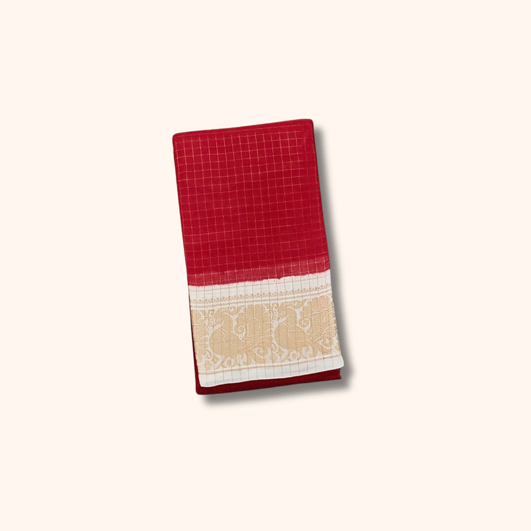 Red Sungudi Cotton Saree with Cream Gold Zari Border – Running Blouse