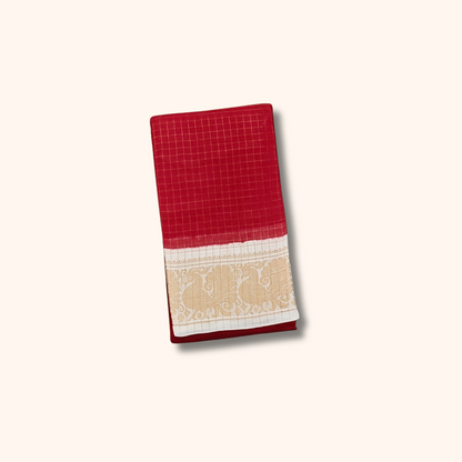 Red Sungudi Cotton Saree with Cream Gold Zari Border – Running Blouse
