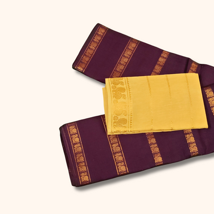 Wine Purple Cotton Saree with Gold Zari Border & Separate Blouse