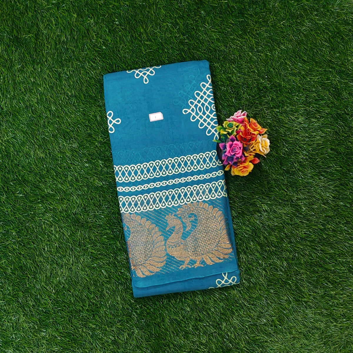 Beautiful Teal Blue Kolam Sungudi Cotton Saree with Peacock Zari Border