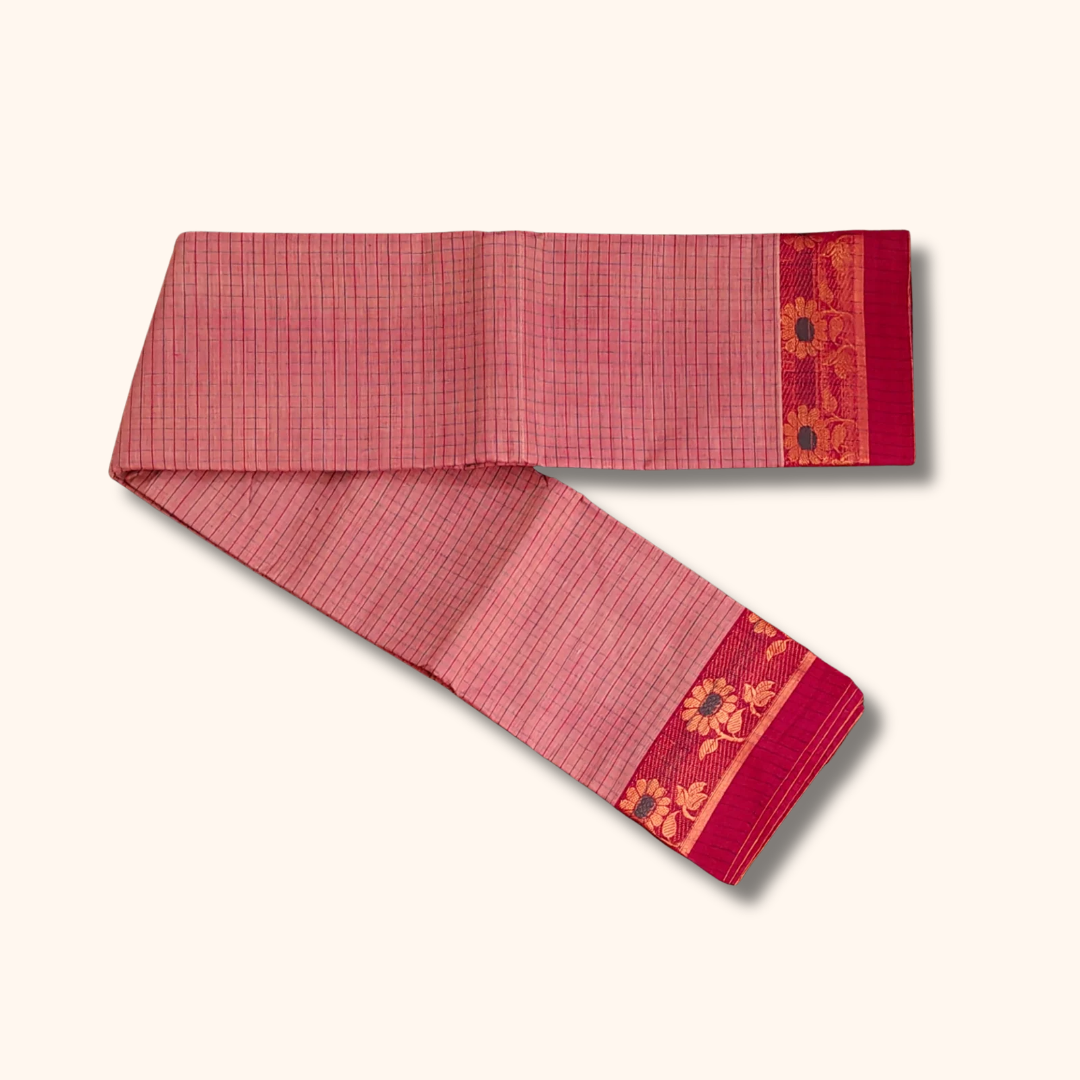 Pink Checked Thread Work Zari Chettinad Cotton Saree