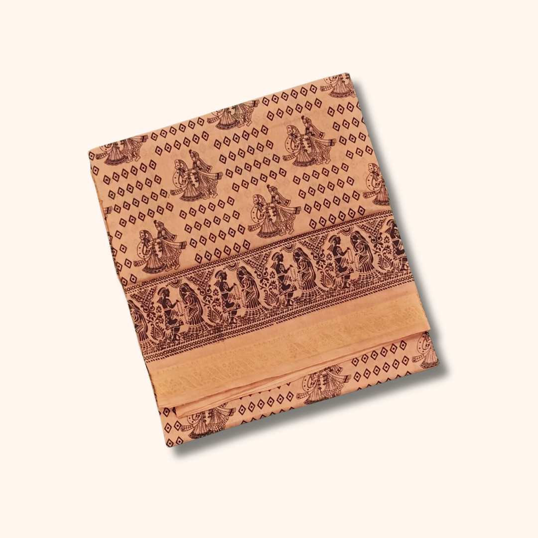 Beige Folk Art Print Cotton Saree with Traditional Border