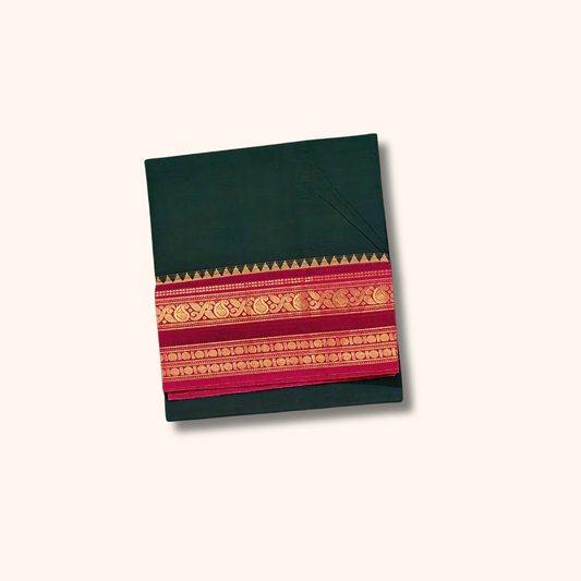 Dark Green Chettinad Cotton Saree with Maroon Gold Zari Border – Running Blouse