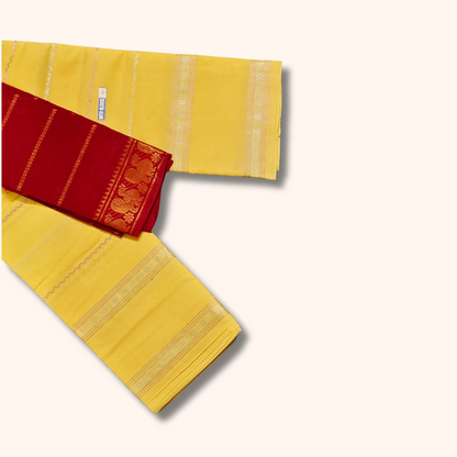 Pastel Yellow with Contrast Red Blouse Piece Sungudi Sarees