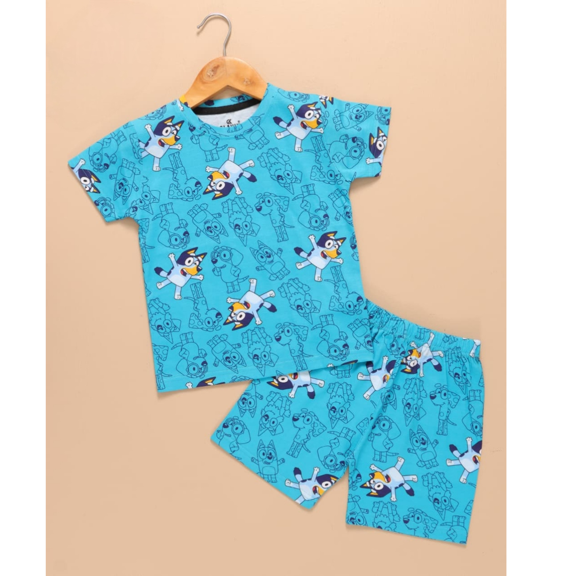 Kids Unisex Pure Cotton T-Shirt & Shorts Set – Cartoon Puppy Print (Sky Blue)