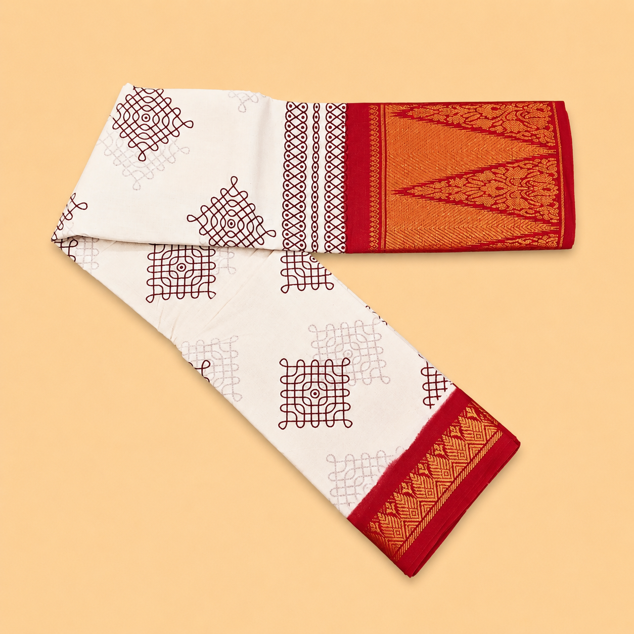 Kolam Printed White Sungudi Cotton Saree with Red Temple Border