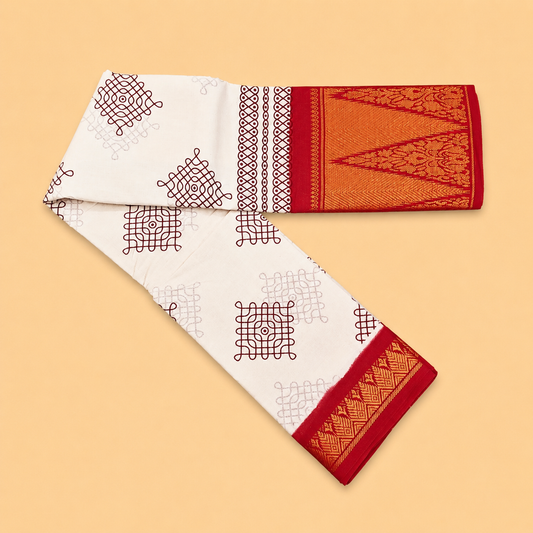 Kolam Printed White Sungudi Cotton Saree with Red Temple Border