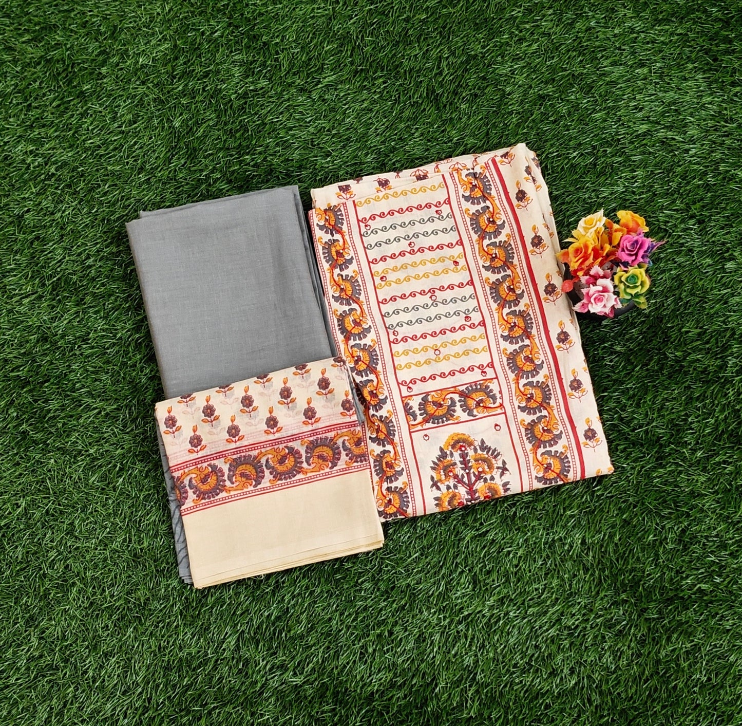 Elegant Sungudi Cotton Chudidar Material Set with Kalamkari Prints