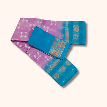 Lavender & Sky Blue Batik Sungudi Cotton Saree with Silver Zari Border