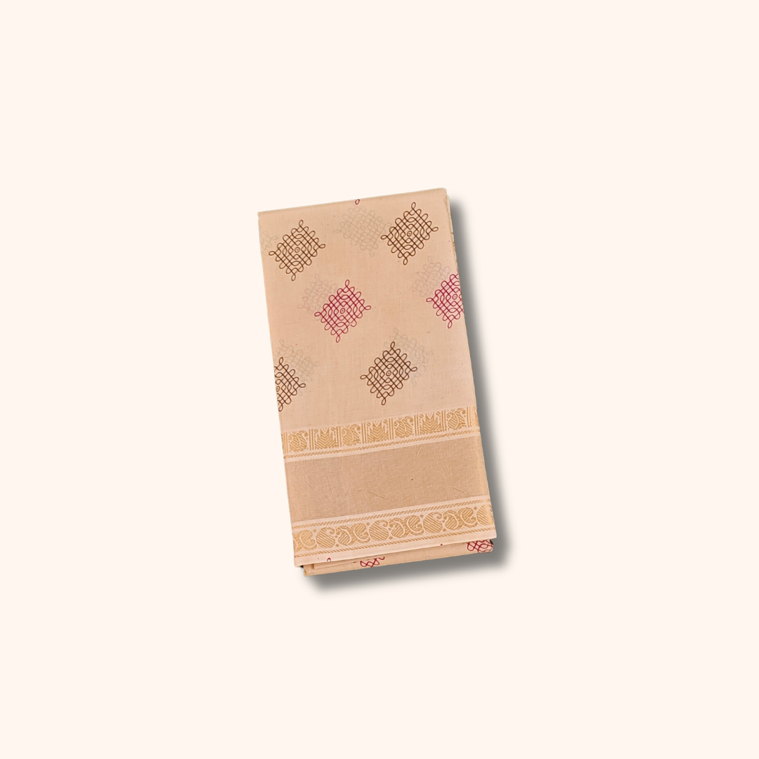 Cream Sungudi Cotton Saree with Kolam Print & Gold Zari Border