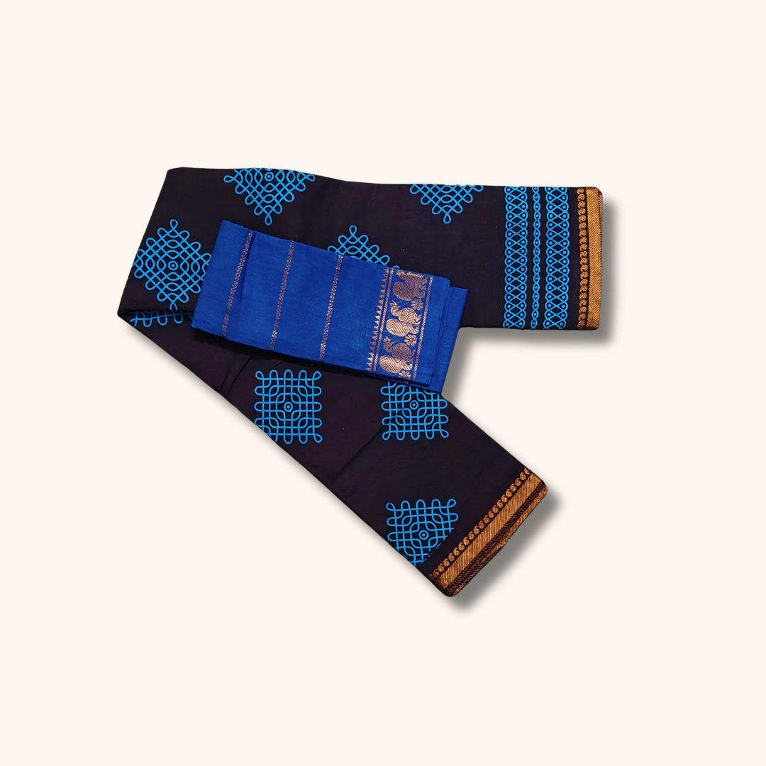 Attractive Navy Blue Sungudi Cotton Saree with Electric Blue Kolam Motifs