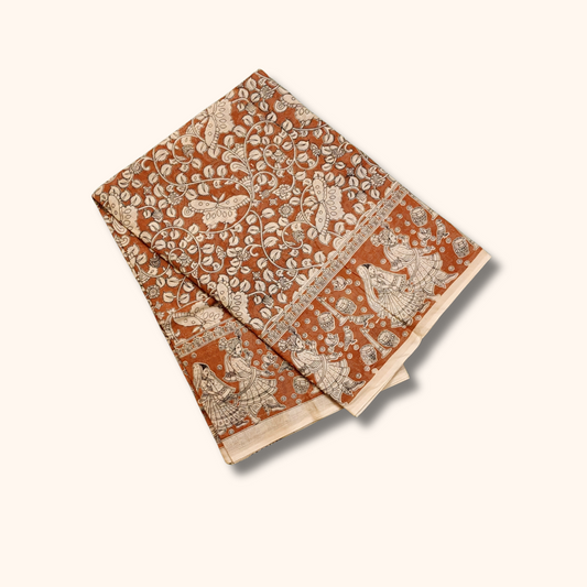 Rust Orange Kalamkari Cotton Saree with Traditional Floral & Village Motif