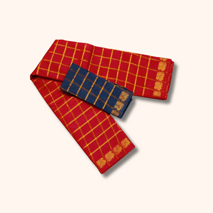 Tomato Red Pavithra Kattam Sungudi Cotton Saree with Gold Zari Checks – Separate Blouse Piece