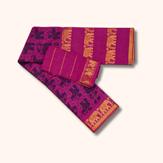 Rani Pink Elephant Border Cotton Saree with Separate Blouse Piece