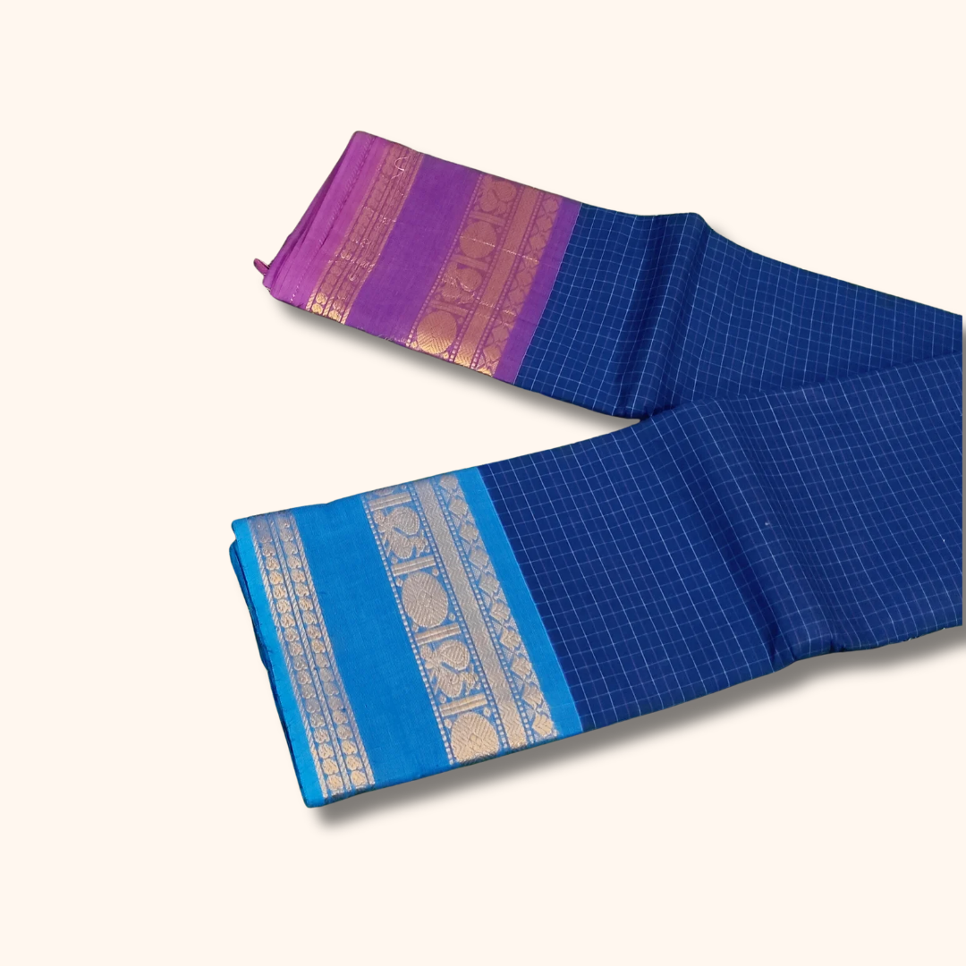 Navy Blue Chettinad Cotton Saree with Ganga Jamuna Border