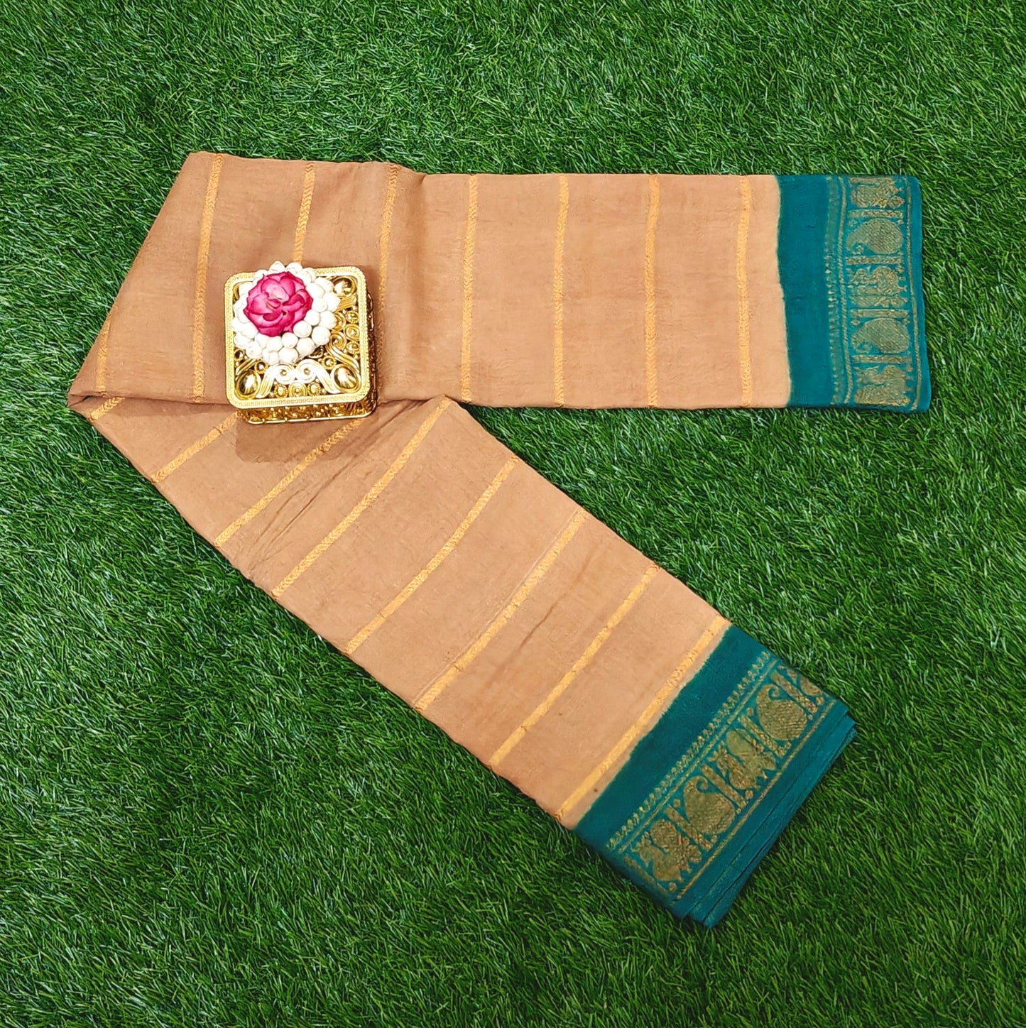 Elegant Lightweight Cotton Peach Cotton Saree with Traditional Temple Border