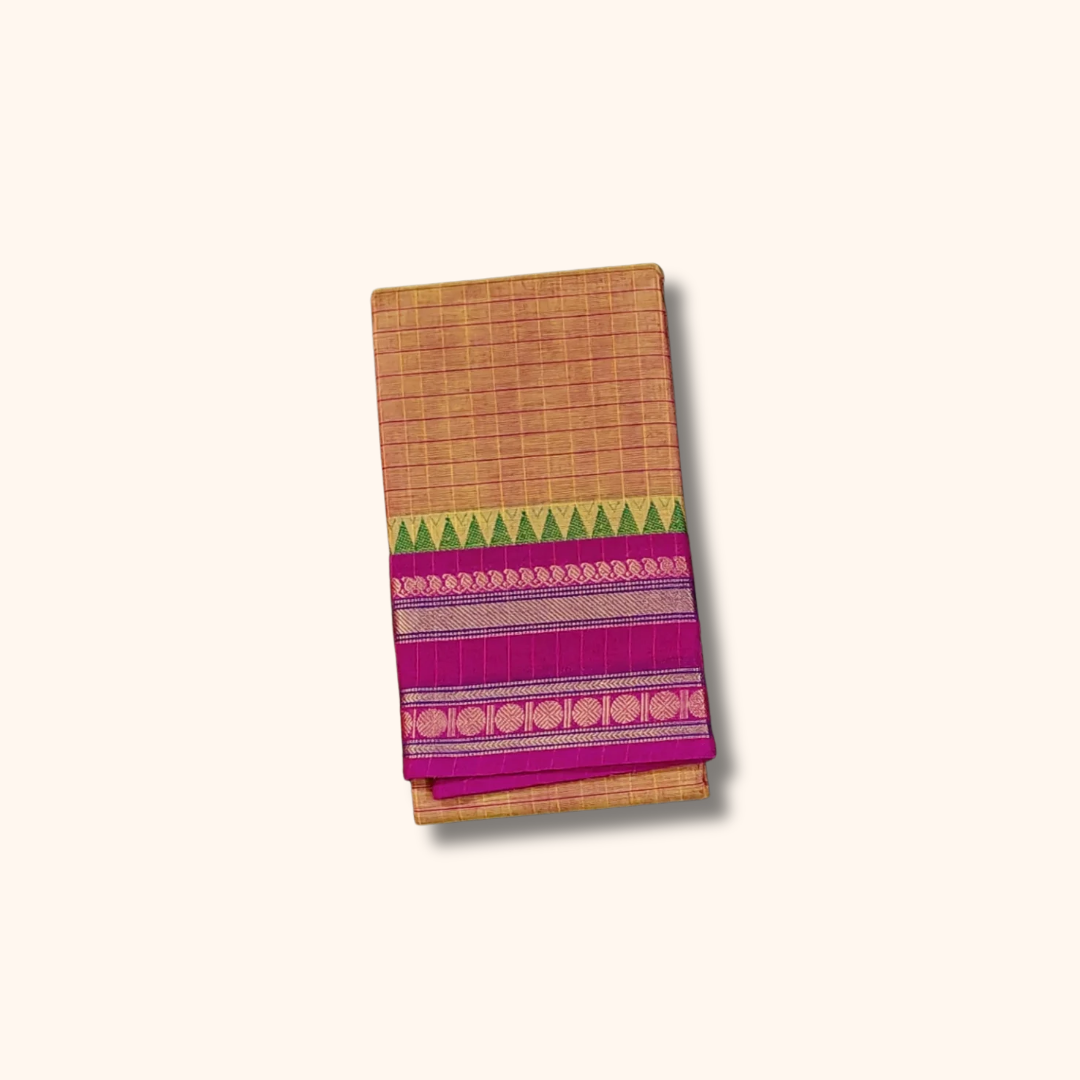 Beige Checked Chettinad Cotton Saree with Magenta & Green Border