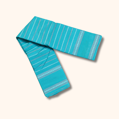 Turquoise Blue Cotton Saree with White Stripe Design – Running Blouse