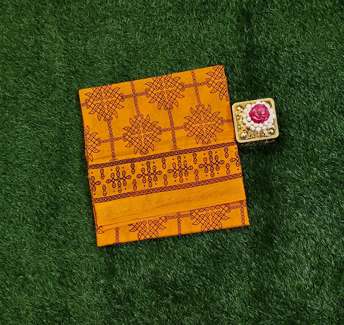 Mustard Yellow Cotton Saree with Traditional Printed Border
