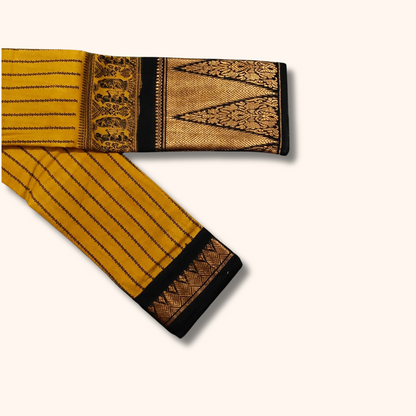 Mustard Yellow Sungudi Saree with Traditional Black Temple Border