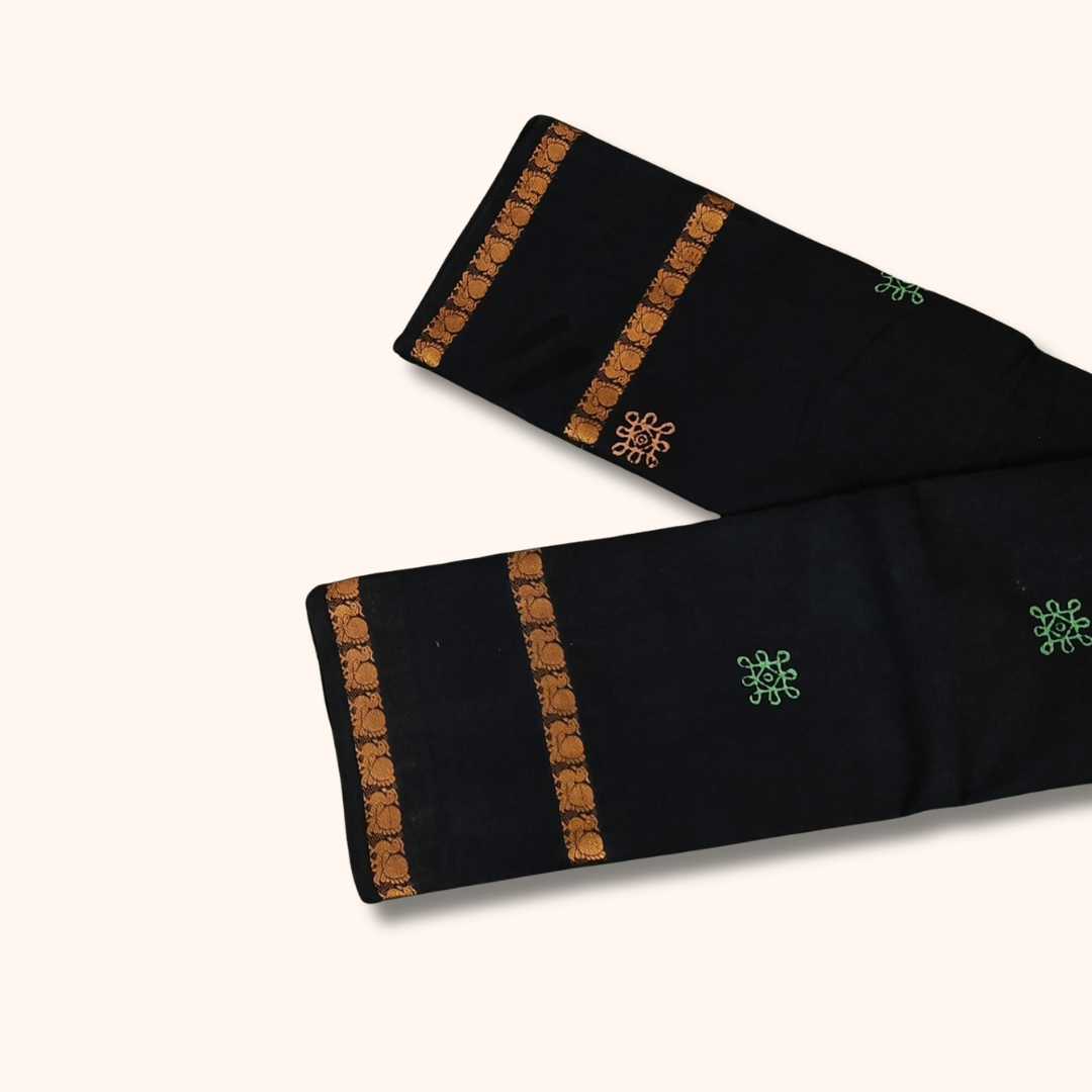 Black Kolam Design Cotton Saree with Gold Border and Running Blouse