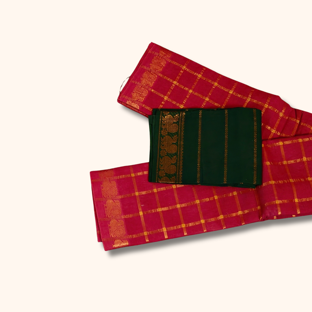 Maroon Checked Saree with Golden Zari Checks & Traditional Border – Separate Blouse Piece