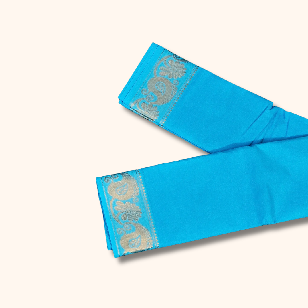 Turquoise Blue Pure Cotton Saree with Paisley & Floral Border – Running Blouse