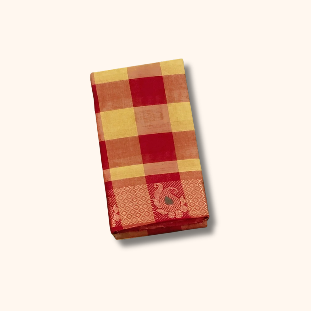Traditional Checked Chettinad Cotton Saree in Red & Mustard with Peacock Border