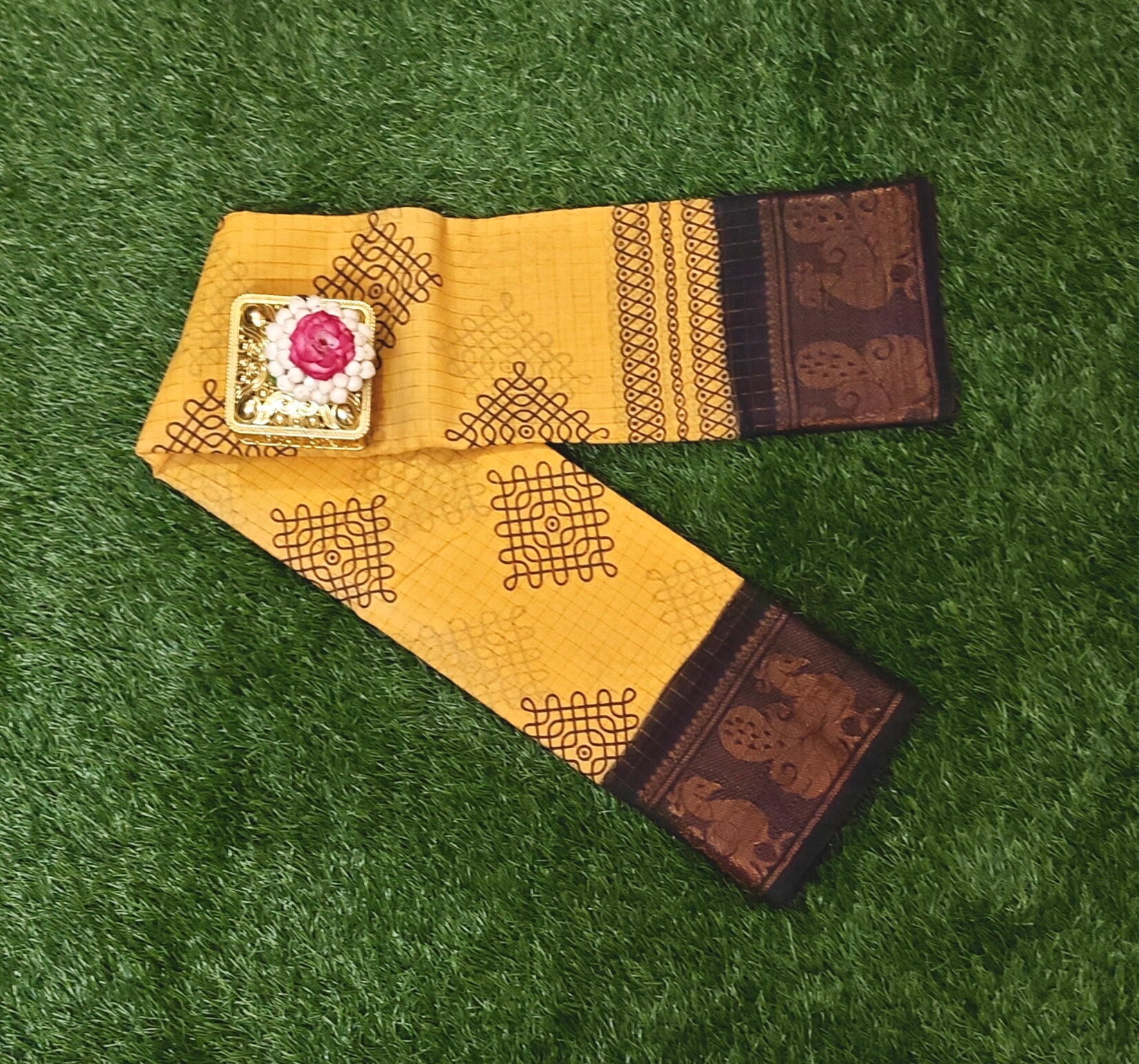 Attractive Mustard Yellow Kolam Design Sungudi Cotton Saree with Chocolate Brown Zari Border