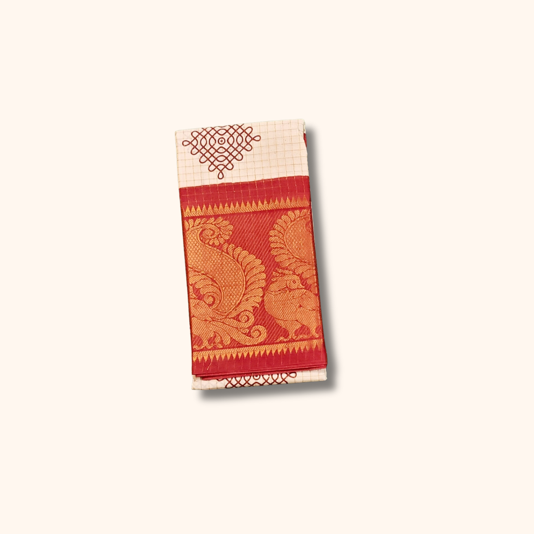 Off-White Checked Kolam Design Saree with rust orange & Golden Zari Border – No Blouse
