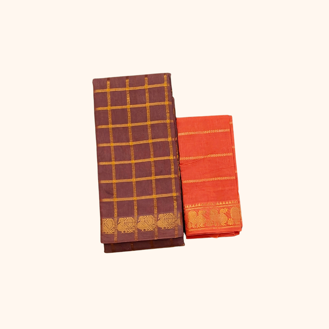 Coffee Brown Checked Saree with Golden Zari Checks & Traditional Motif Border – Separate Blouse Piece