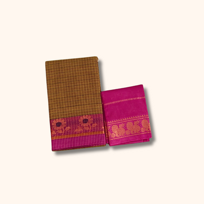 Brown Checked Chettinad Cotton Saree with Magenta Floral Border