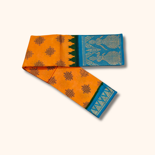 Mustard Yellow Kolam Cotton Saree with Sky Blue Dancing Girl Zari Border
