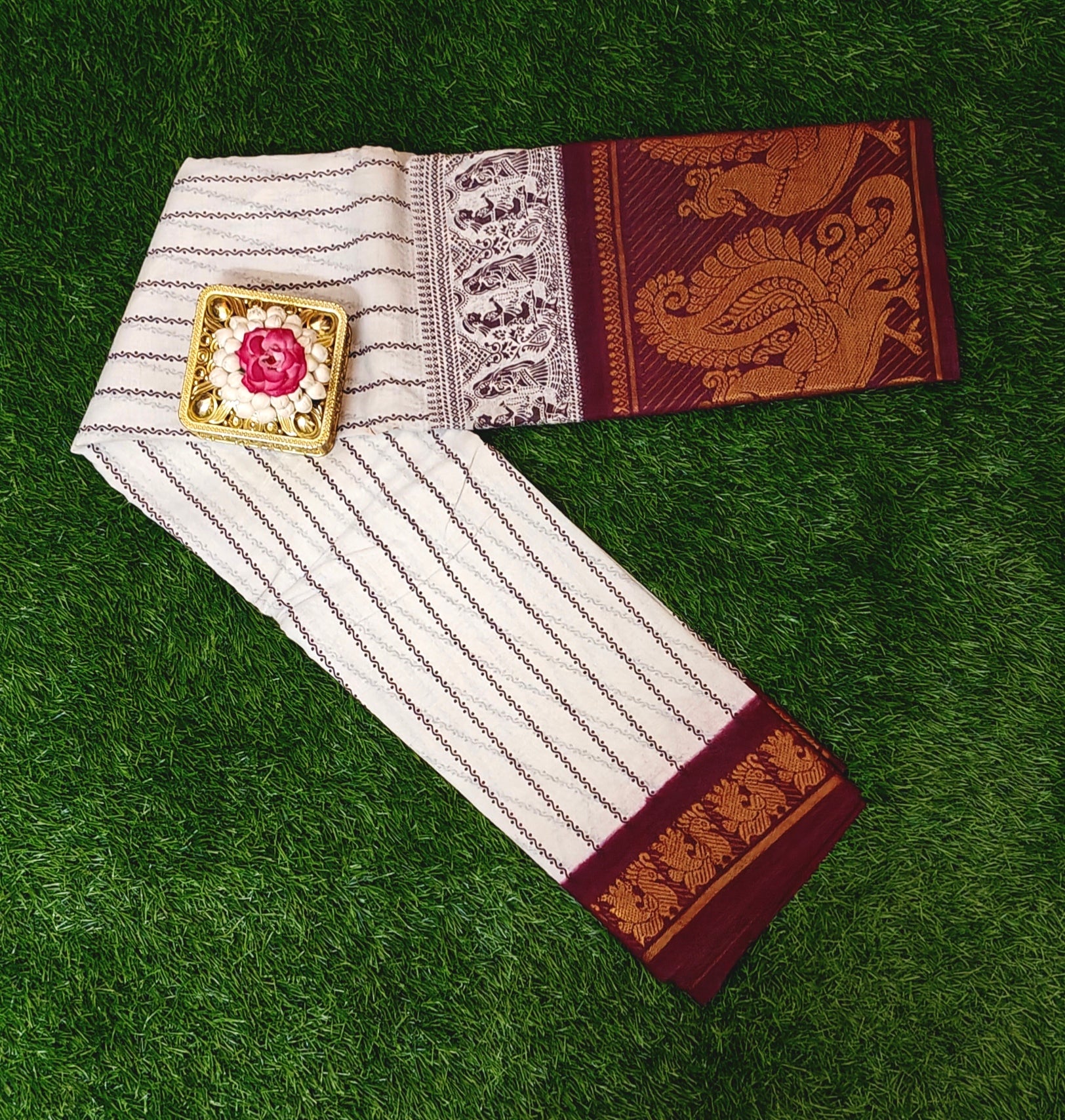 Off-White Cotton Saree with Maroon Traditional Zari Border & Rich Pallu