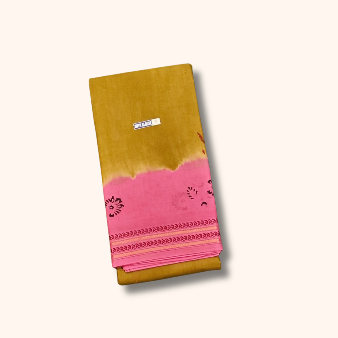 Mustard Yellow Sungudi Cotton Saree with Pink Border
