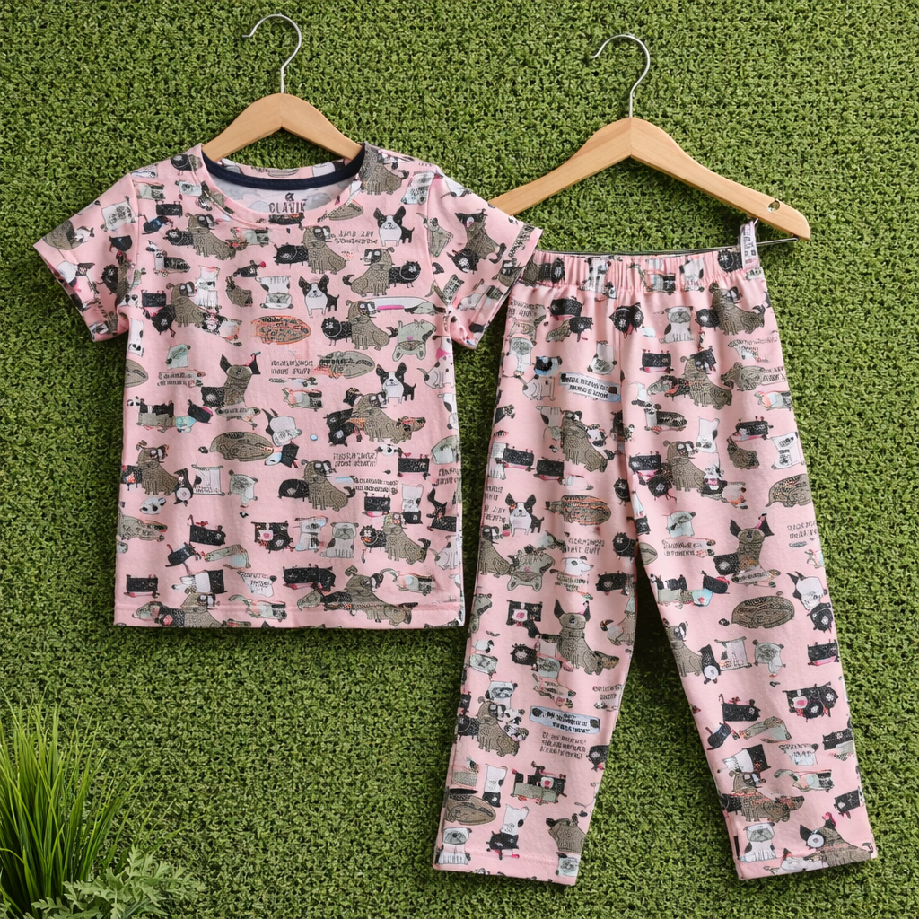 Kids Unisex Pure Cotton T-Shirt & Pant Set – Cute Puppy & Dog Print Comfort Wear (Soft Pink)