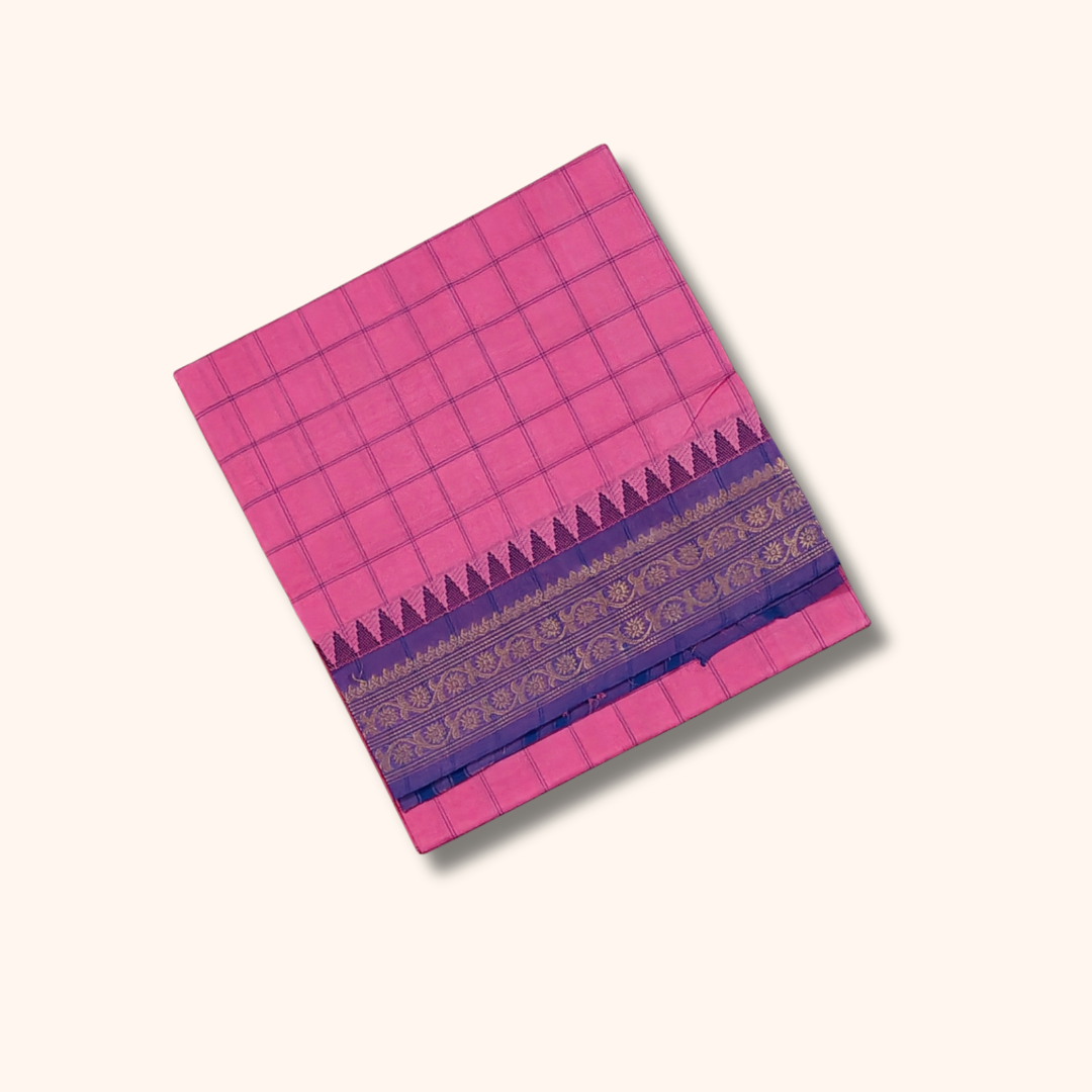 Pink Checked Chettinad Cotton Saree with Purple Zari Border